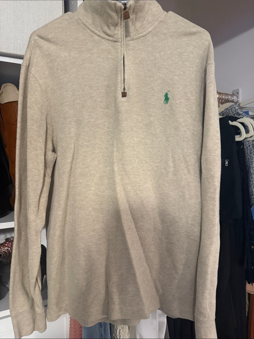 Ralph Lauren Men’s Light Beige Zip-Neck Sweater with Green Pony